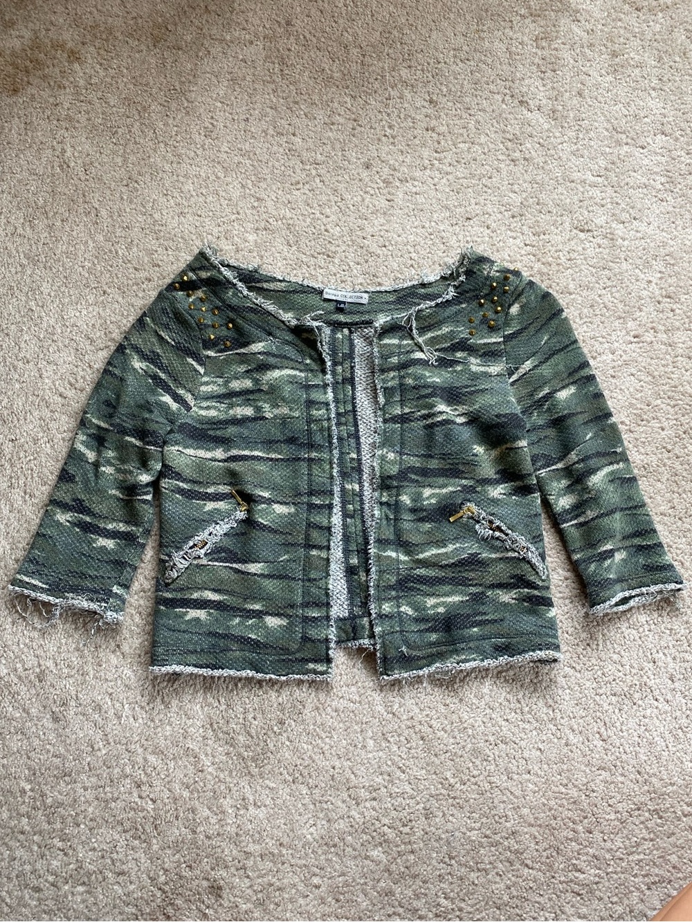 Bershka Kids Green Camo Tweed Open-Front Jacket with Frayed Trim